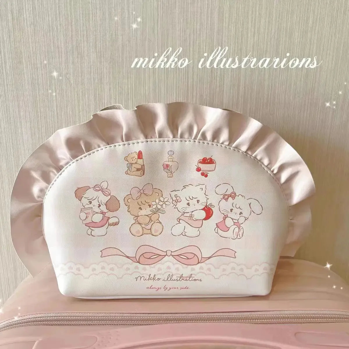 Side angle of cosmetic bag demonstrating compact size and zipper closure