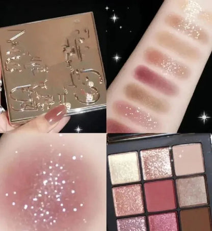 Front view of a 9-color eyeshadow palette with matte and shimmer shades