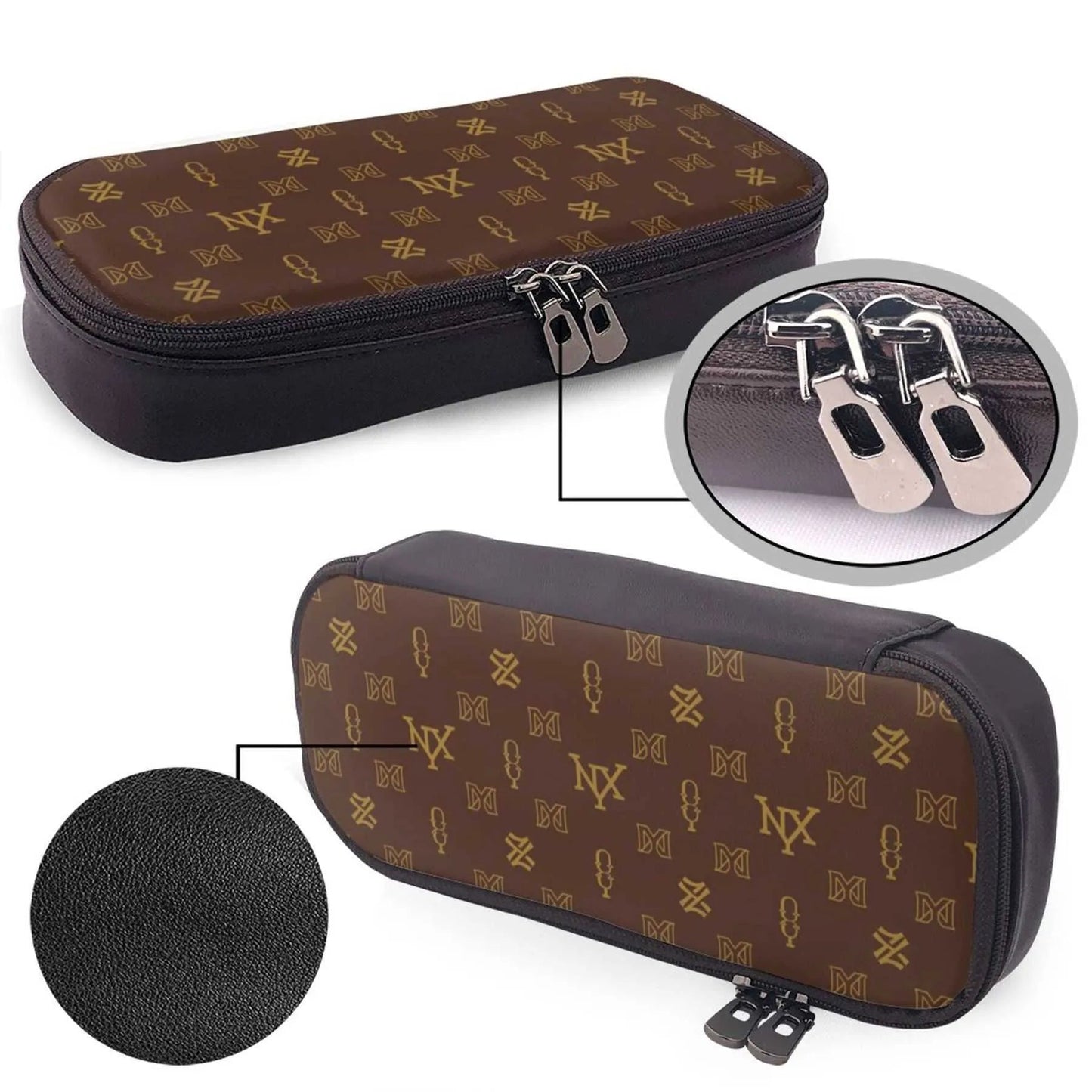 Close-up view of the cosmetic bag's compartments and zipper