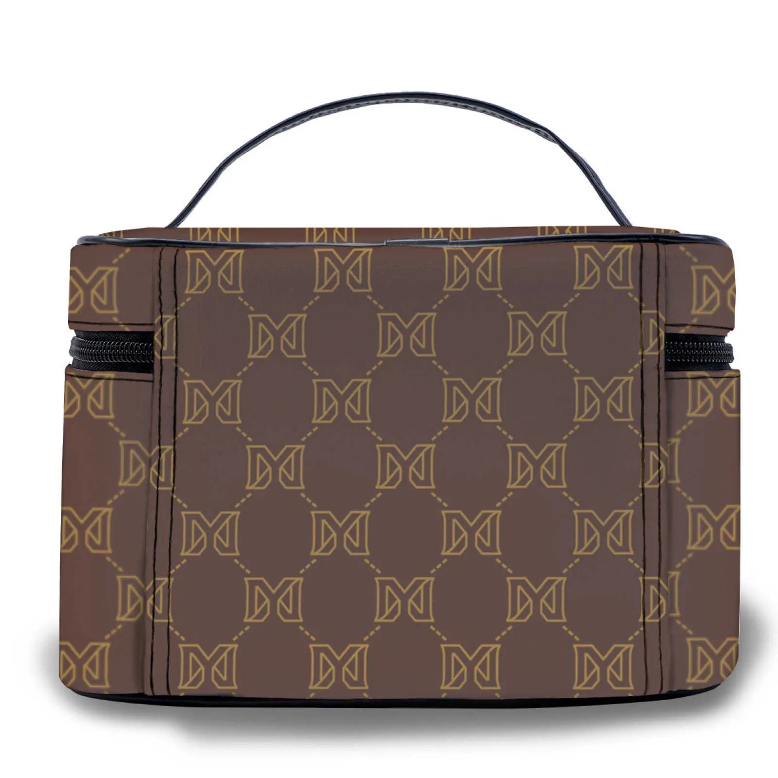 Quilted bag placed next to makeup items to demonstrate size and portability