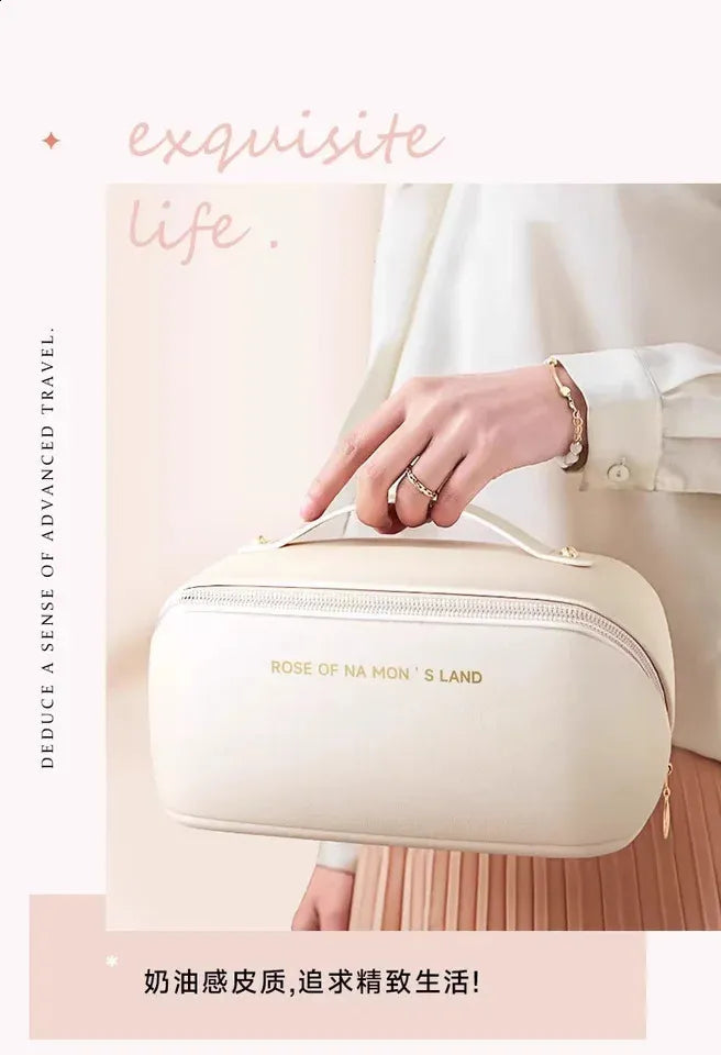 Open cosmetic organizer displaying interior compartments and pockets