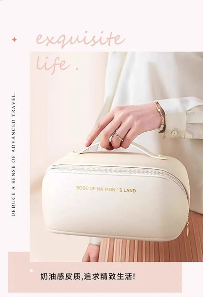 Open cosmetic organizer displaying interior compartments and pockets
