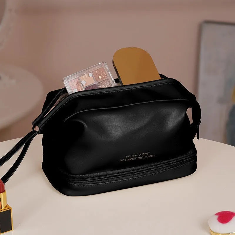 Front view of a cosmetic tote bag with dual handles and simple design