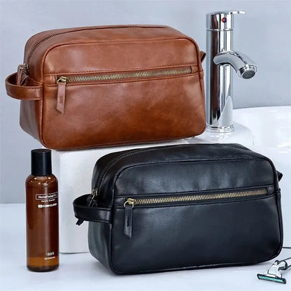 Waterproof PU leather toiletry bag in black color with zippered closure