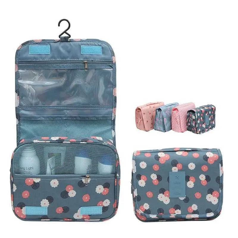 Hanging cosmetic bag displayed with travel accessories