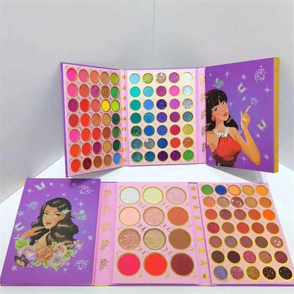 Palette displaying blush and highlight pigments alongside eyeshadow shades
