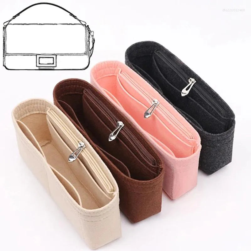 Beige felt bag organizer displayed open to show internal storage pockets