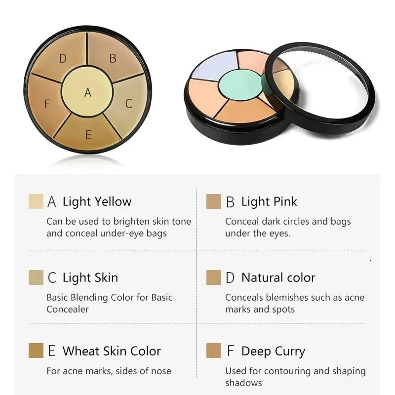 Open makeup palette showing multiple cream concealer shades arranged in circular pans