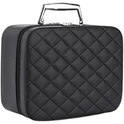 Front view of square makeup bag showing textured PU leather surface