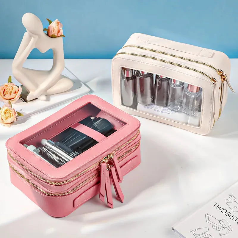 Open makeup organizer showing multiple compartments and interior layout