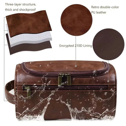 Leather hanging toiletry bag open showing interior compartments