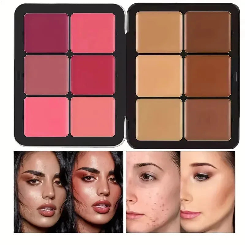 Close-up view of matte and highlighting makeup shades in the palette