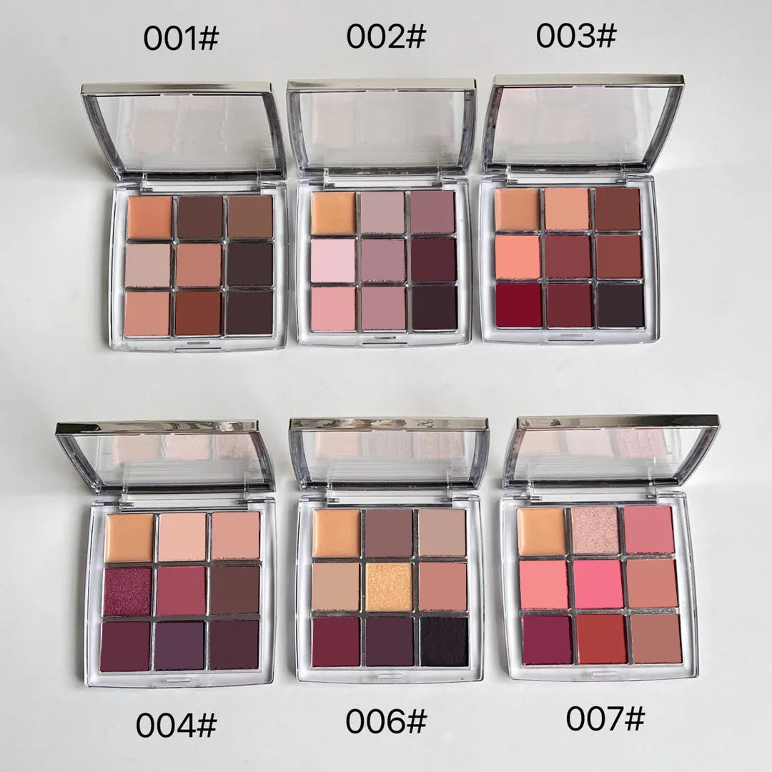 Front view of a 9-color eyeshadow palette showing shimmer and matte shades