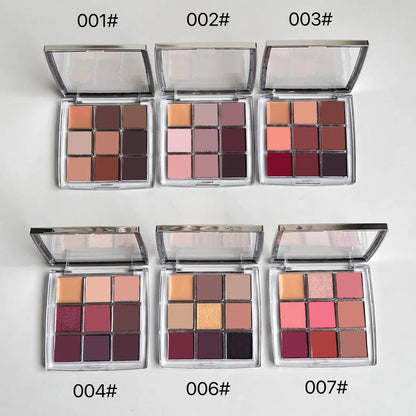 Front view of a 9-color eyeshadow palette showing shimmer and matte shades