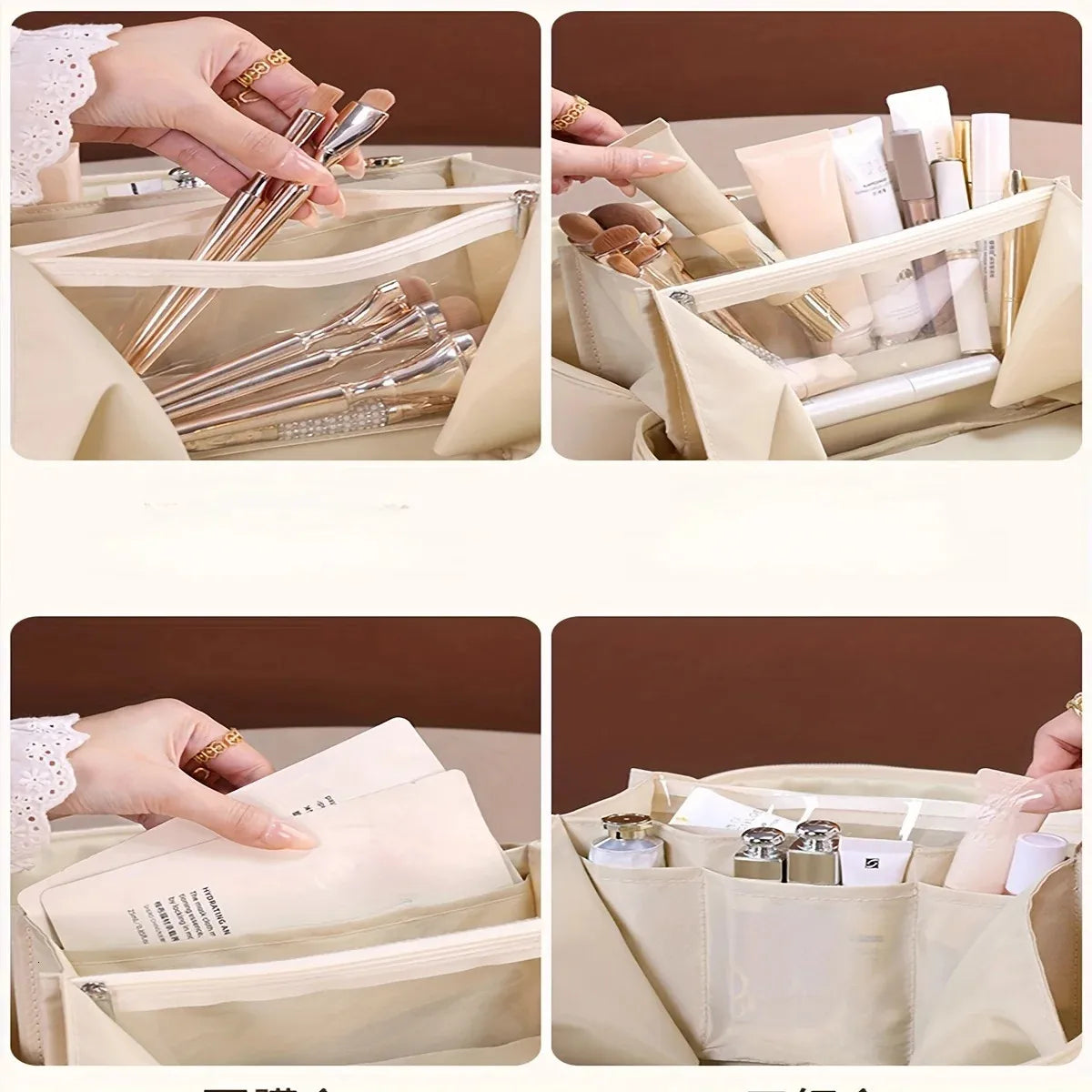 Open cosmetic bag showing interior space for organizing beauty products