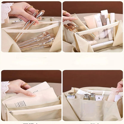 Open cosmetic bag showing interior space for organizing beauty products