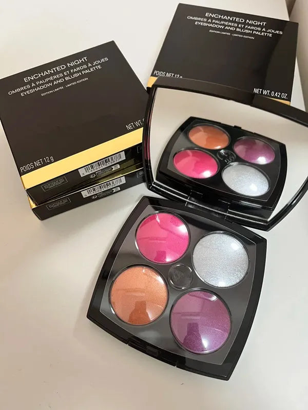 Open palette showing eyeshadow and blush colors in a compact design