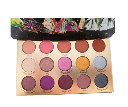 Open 15-color matte eyeshadow palette showing nude and bright shades
