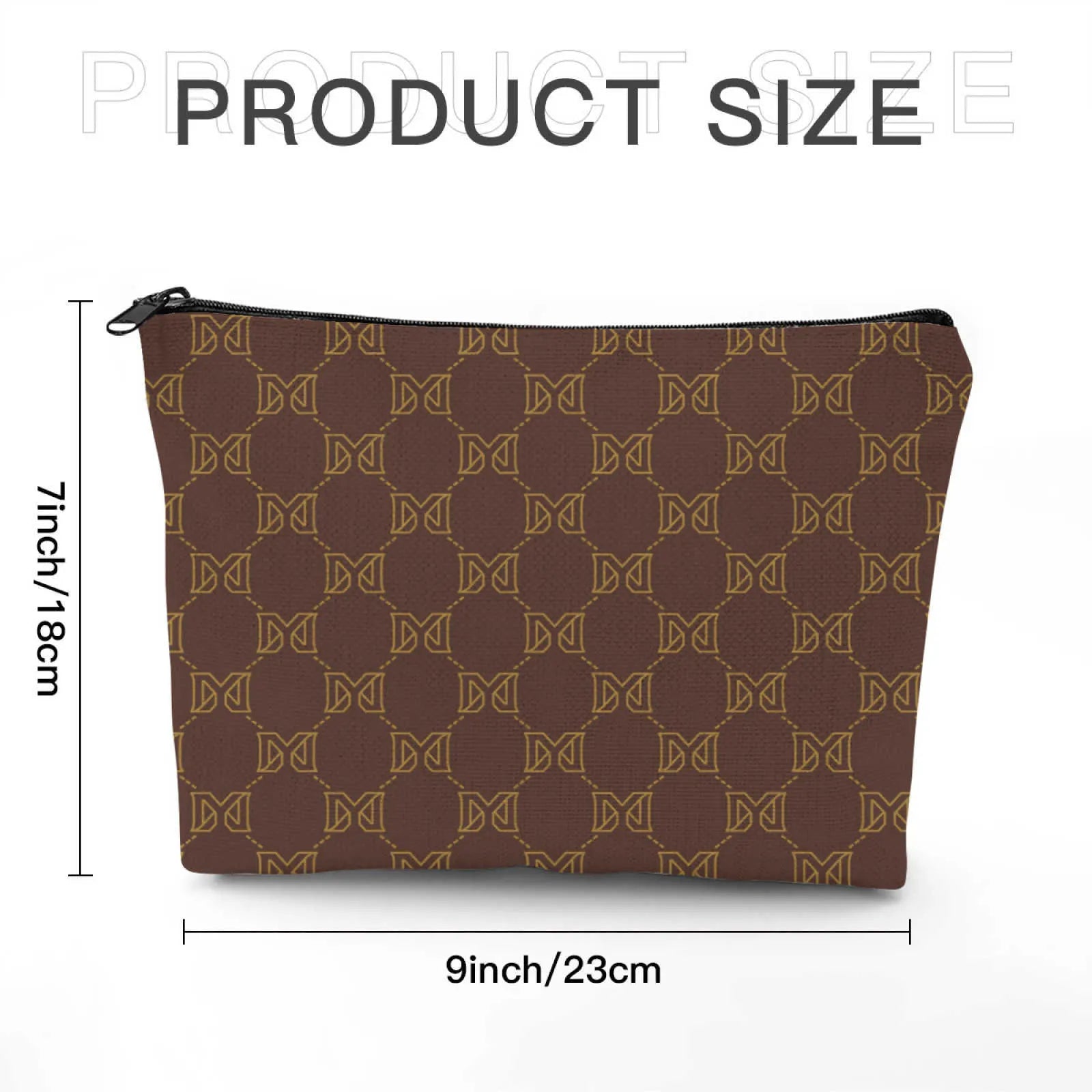 Front view of brown linen makeup bag with zipper closure