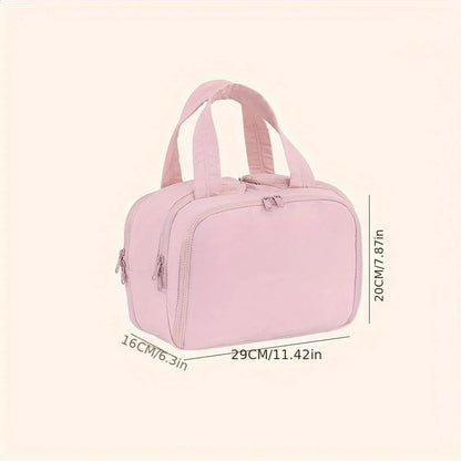 Cosmetic storage bag in use with makeup and toiletry items organized inside