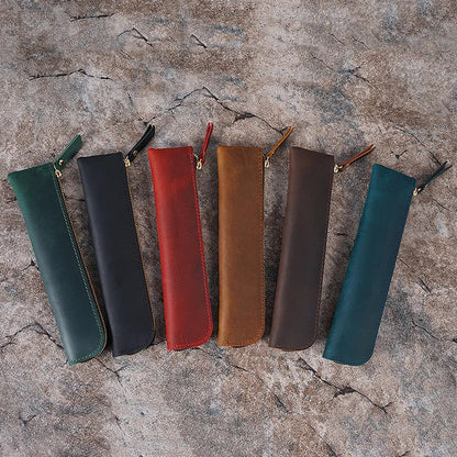 Close-up view of the textured leather material on the pencil case