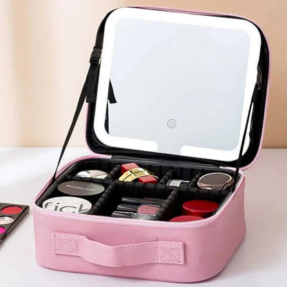 Makeup case interior with brush holder section and multiple storage partitions