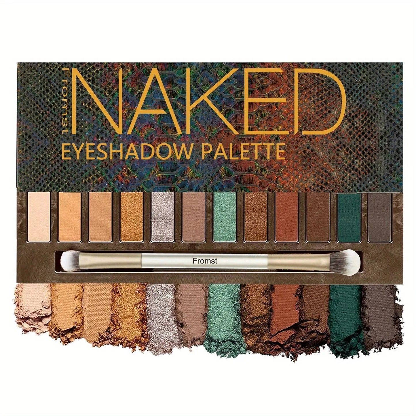 Close-up view of eyeshadow shades in a nude palette showing texture and pigmentation