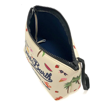 Open view displaying interior of the canvas clutch bag