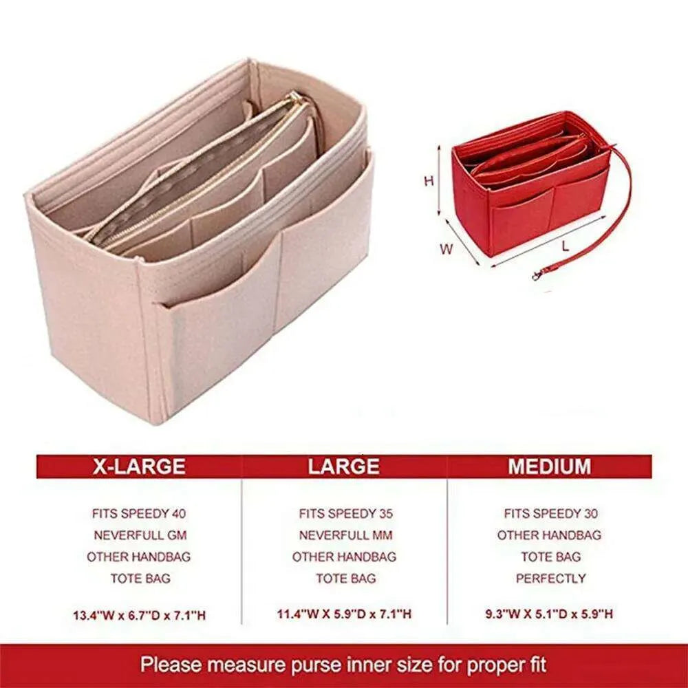 Red portable cosmetic insert fitting inside a handbag
