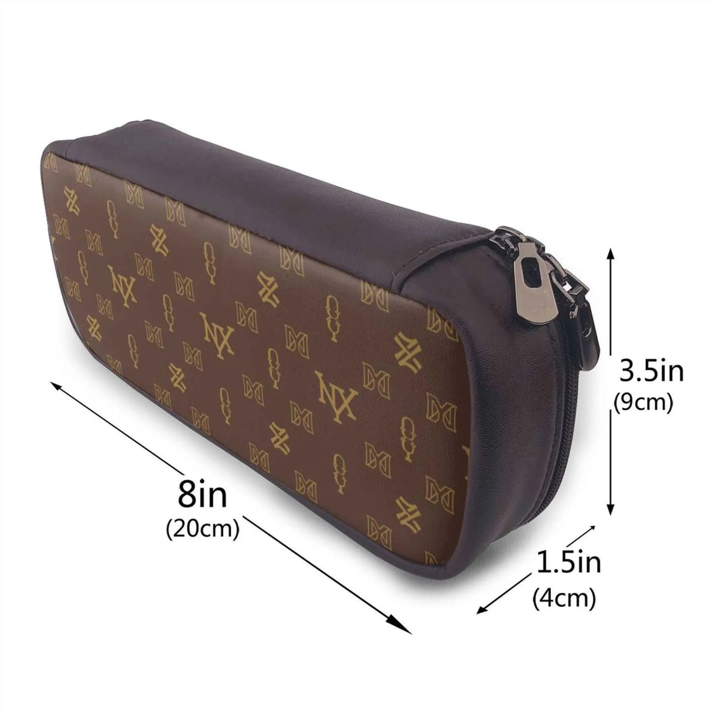 Cosmetic bag placed next to makeup items for size comparison