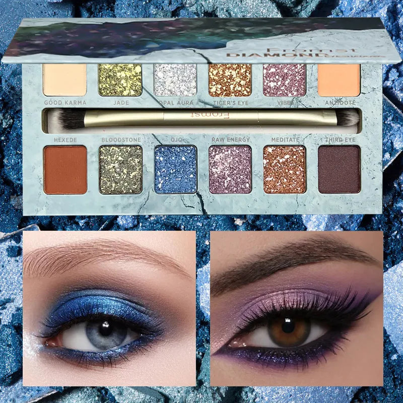 12-color nude eyeshadow palette with matte and shimmer finishes displayed open