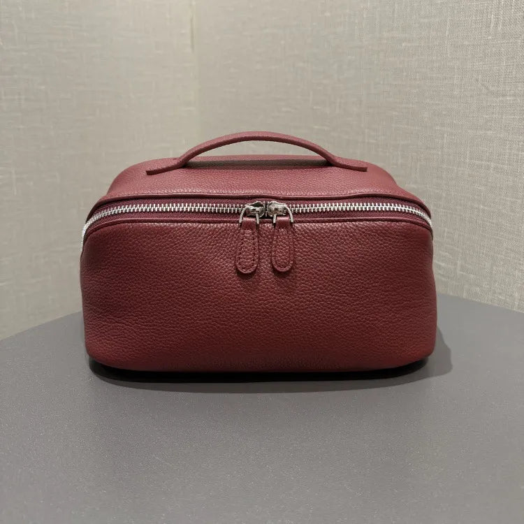 Top-grain leather cosmetic bag with 2026 texture pattern