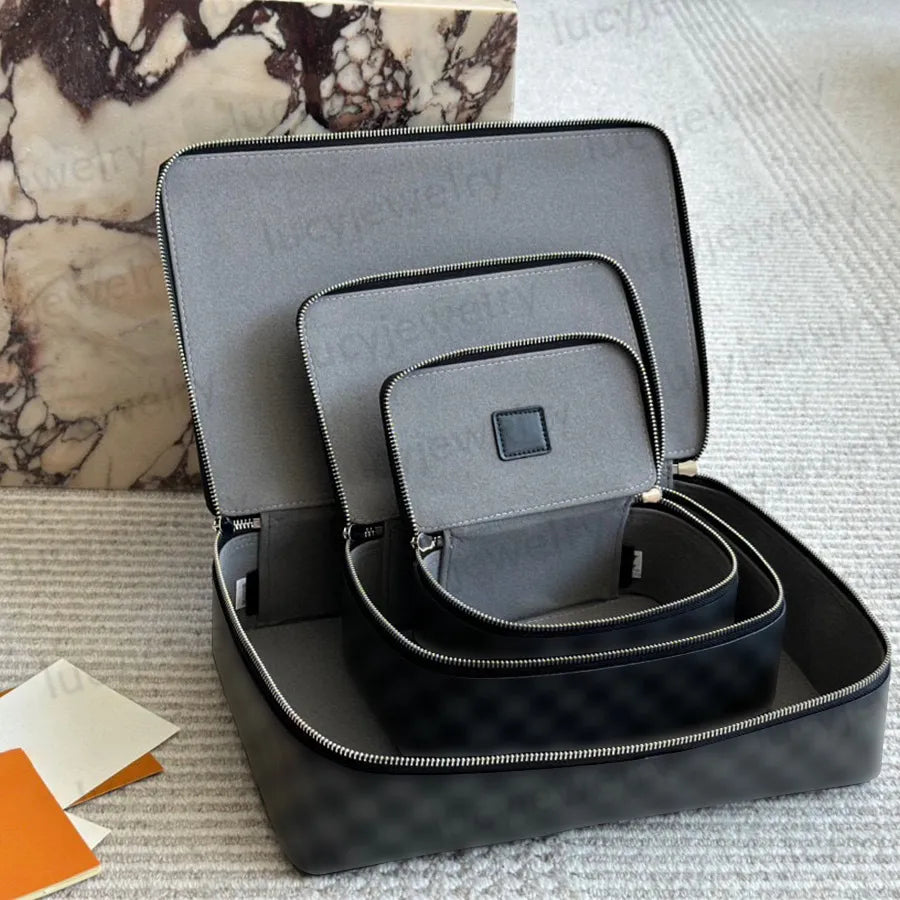 Closed storage box displaying monogram detail and secure closure