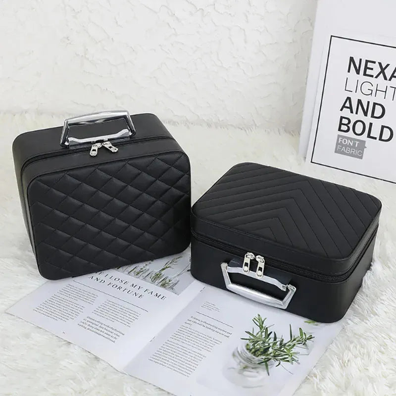 Side view of makeup bag showing compact square design and closure