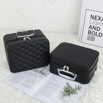 Side view of makeup bag showing compact square design and closure