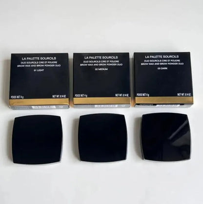Close-up view of brow wax and powder shades in a compact palette