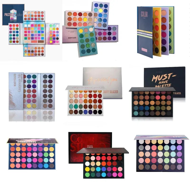 Close-up view of eyeshadow palette with shimmer and matte finishes
