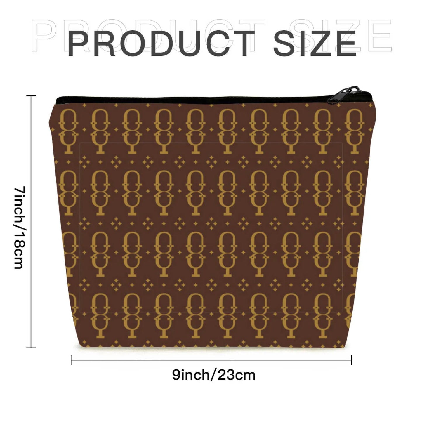 Front view of brown linen cosmetic bag with zippered closure