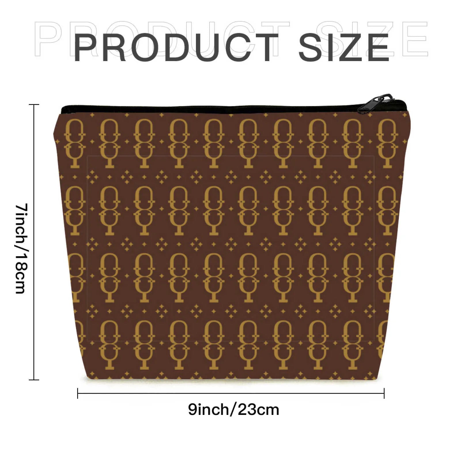 Front view of brown linen cosmetic bag with zippered closure