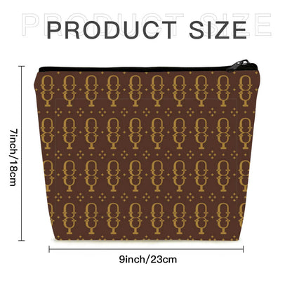 Front view of brown linen cosmetic bag with zippered closure