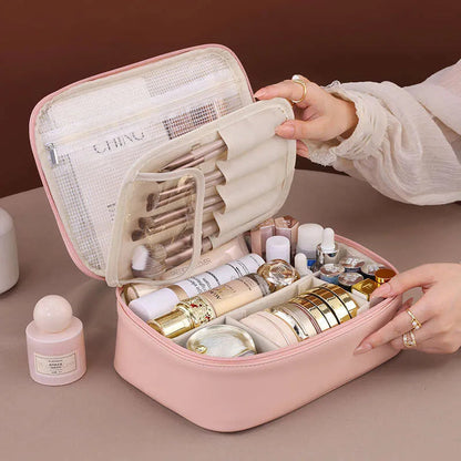 Premium handheld makeup bag with large capacity interior open view