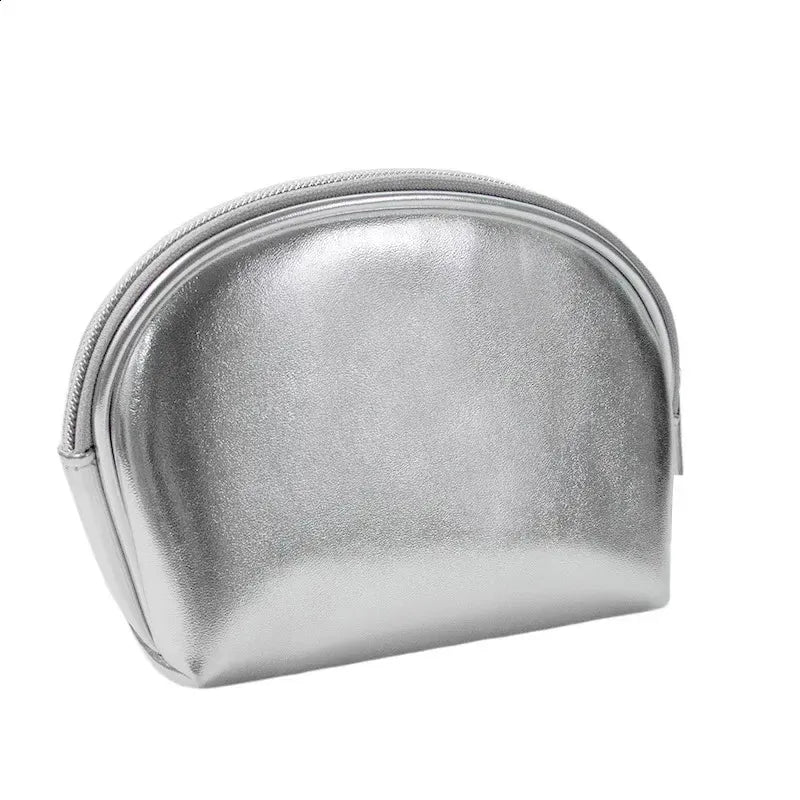Silver soft leather clutch cosmetic bag with zippered closure
