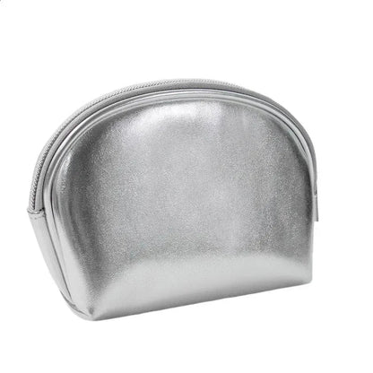 Silver soft leather clutch cosmetic bag with zippered closure