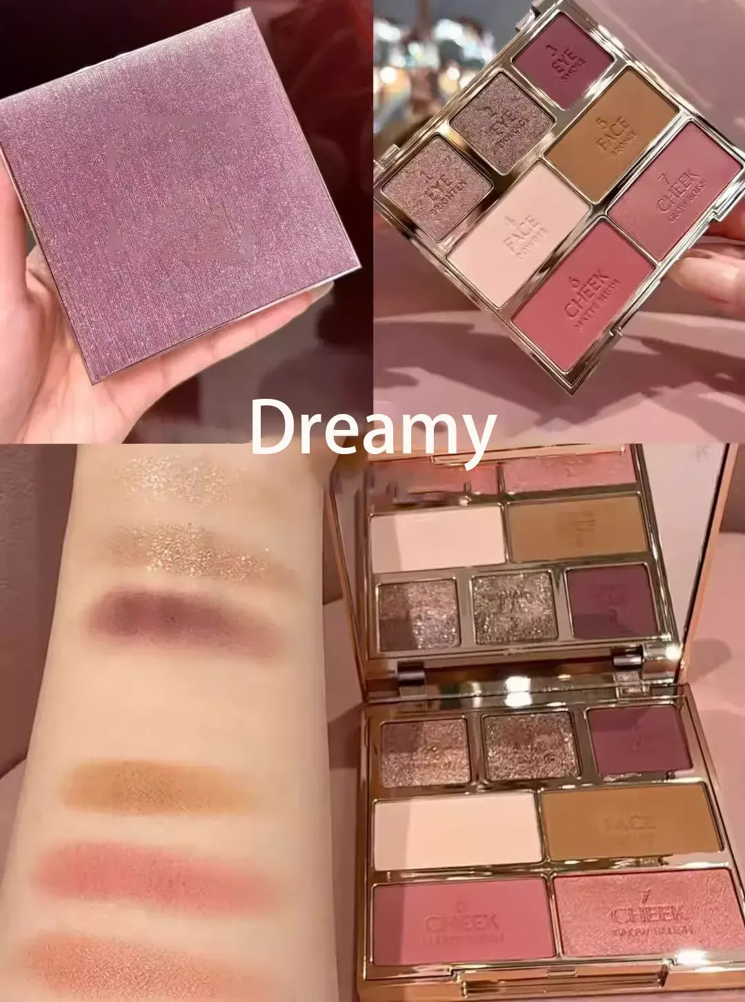 Makeup palette with eyeshadow, blush, and highlighter compartments