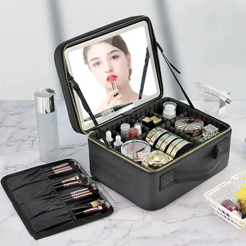 Smart LED cosmetic case with mirror open showing interior compartments
