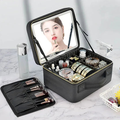 Smart LED cosmetic case with mirror open showing interior compartments