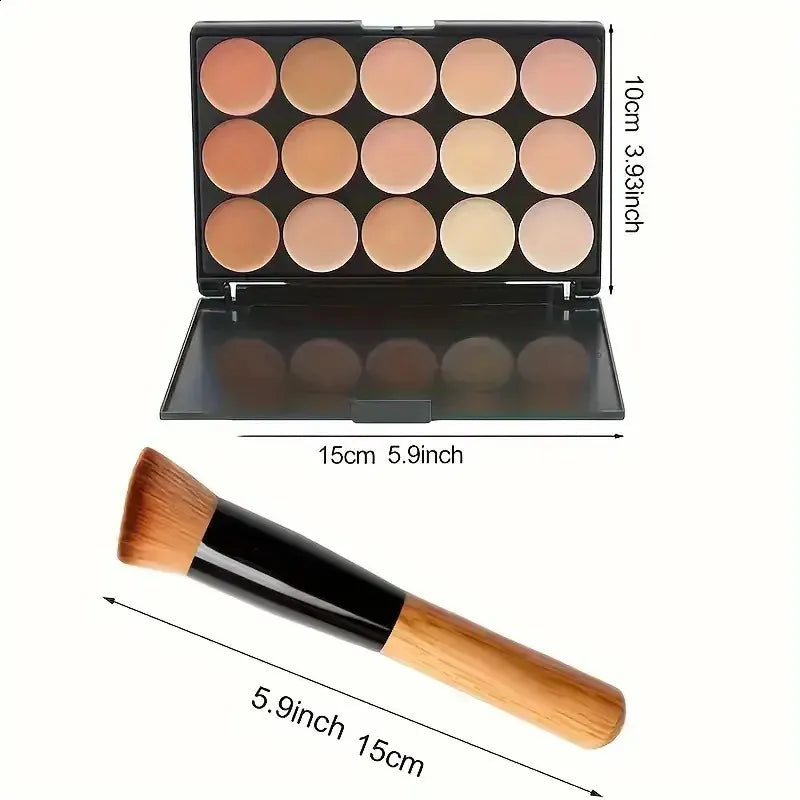 Hand holding open concealer compact showing various options inside