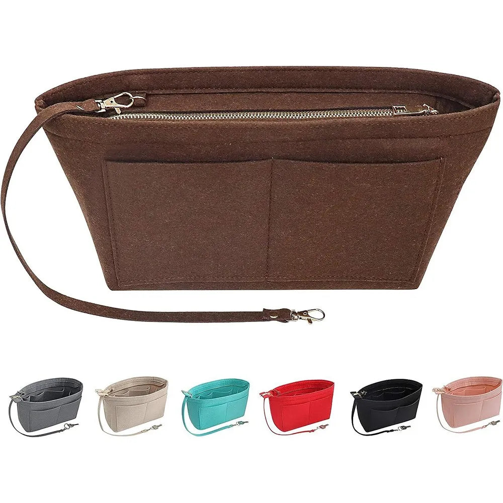Organizer in use inside a handbag, displaying cosmetic items neatly stored