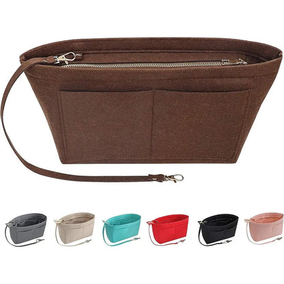 Organizer in use inside a handbag, displaying cosmetic items neatly stored