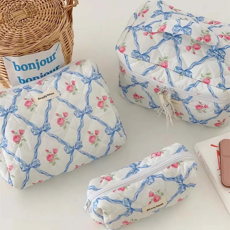 Front view of bow cotton makeup bag showing decorative bow detail